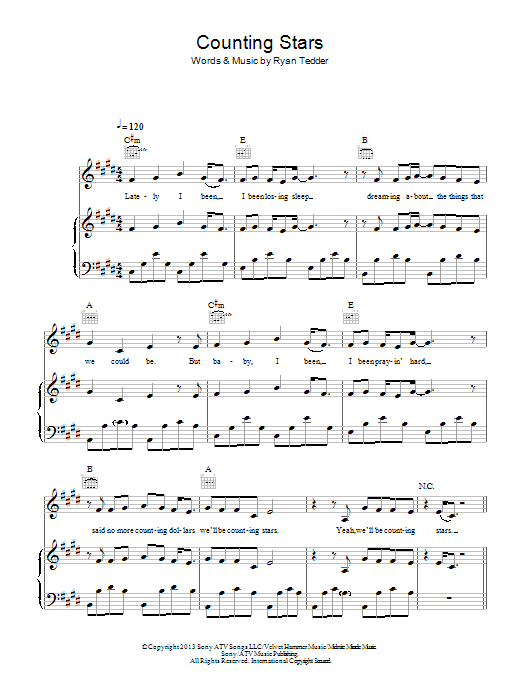 OneRepublic Counting Stars sheet music notes and chords. Download Printable PDF.