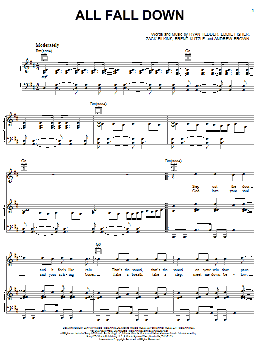 Learn to play OneRepublic All Fall Down sheet music for Piano, Vocal & Guitar Chords (Right-Hand Melody) in minutes. Price: 7.8900$ OneRepublic All Fall Down sheet music notes and chords arranged for Piano, Vocal & Guitar Chords (Right-Hand Melody)
