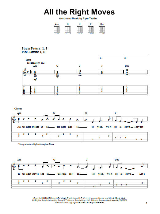 OneRepublic All The Right Moves sheet music notes and chords. Download Printable PDF.