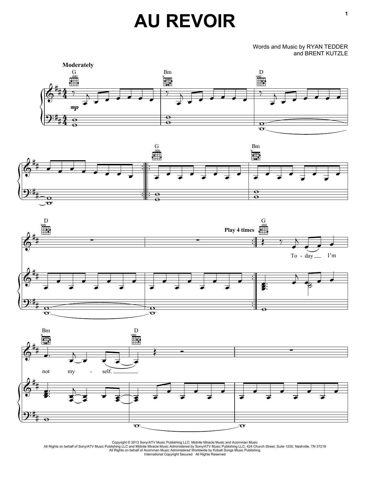 Learn to play OneRepublic Au Revoir sheet music for Piano, Vocal & Guitar Chords (Right-Hand Melody) in minutes. Price: 7.8900$ OneRepublic Au Revoir sheet music notes and chords arranged for Piano, Vocal & Guitar Chords (Right-Hand Melody)
