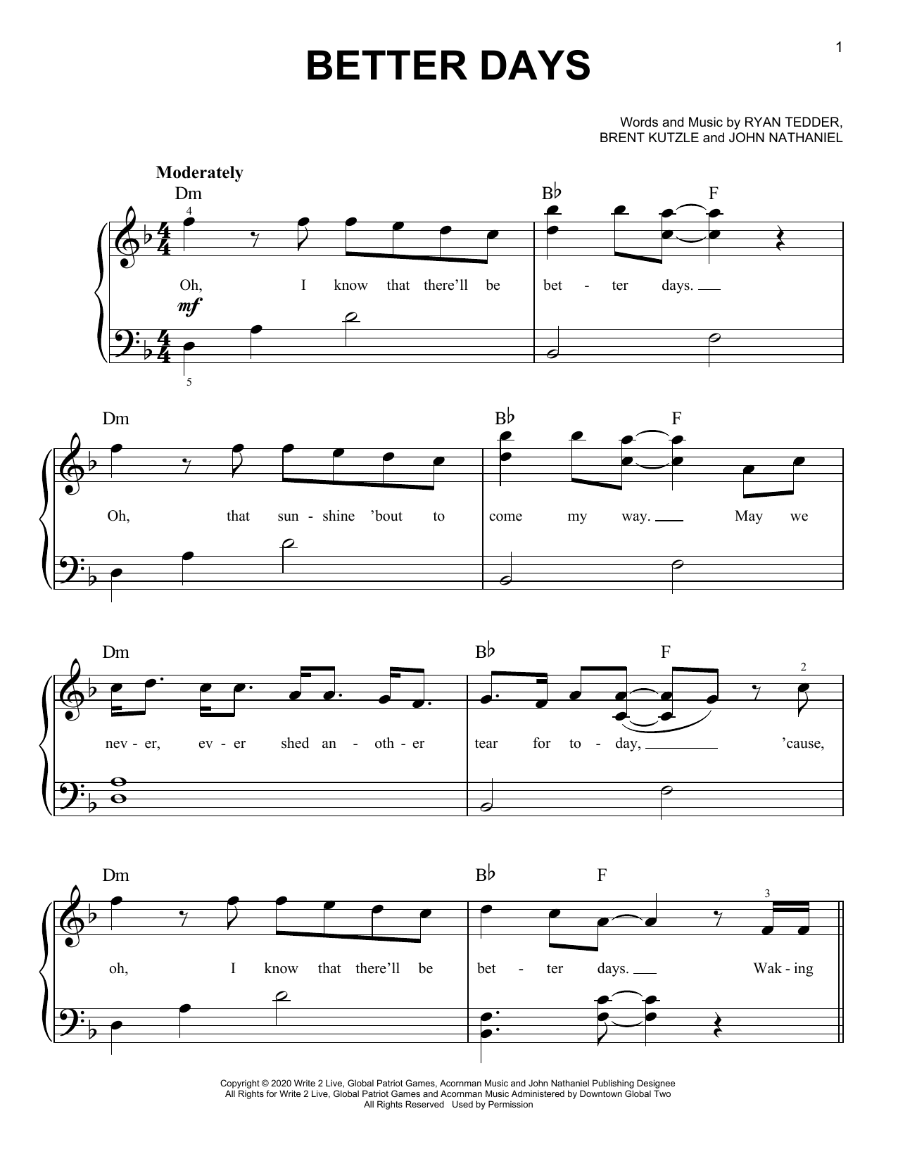 OneRepublic Better Days sheet music notes and chords. Download Printable PDF.