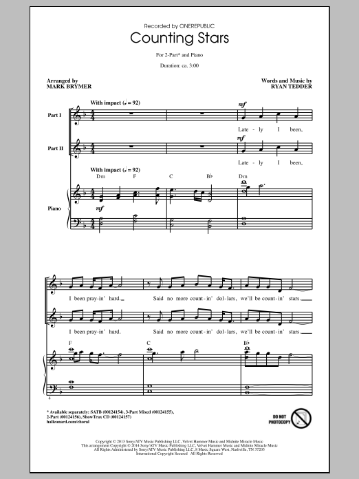 OneRepublic Counting Stars (arr. Mark Brymer) sheet music notes and chords. Download Printable PDF.