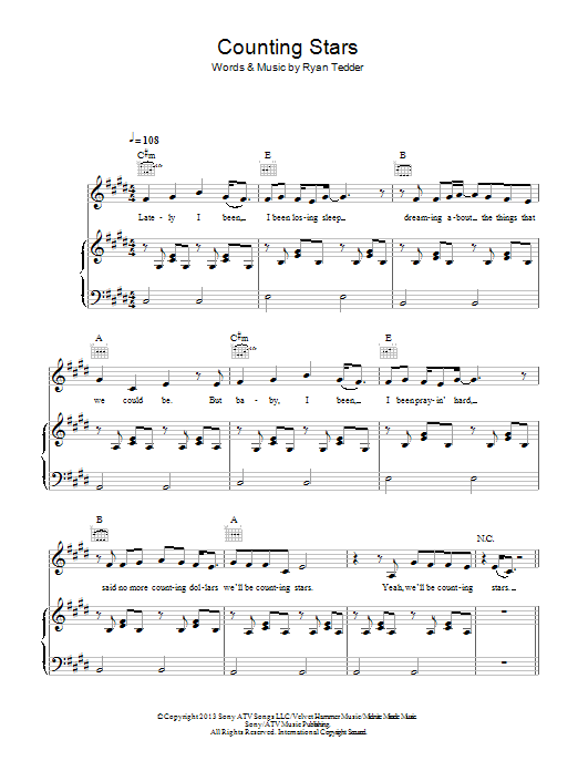 OneRepublic Counting Stars sheet music notes and chords. Download Printable PDF.