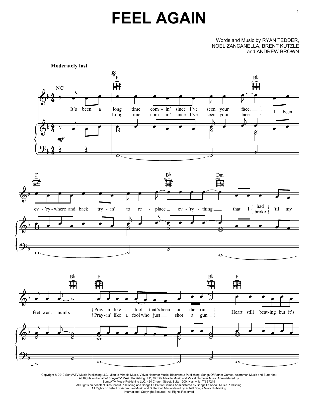 Learn to play OneRepublic Feel Again sheet music for Piano, Vocal & Guitar Chords (Right-Hand Melody) in minutes. Price: 7.8900$ OneRepublic Feel Again sheet music notes and chords arranged for Piano, Vocal & Guitar Chords (Right-Hand Melody)