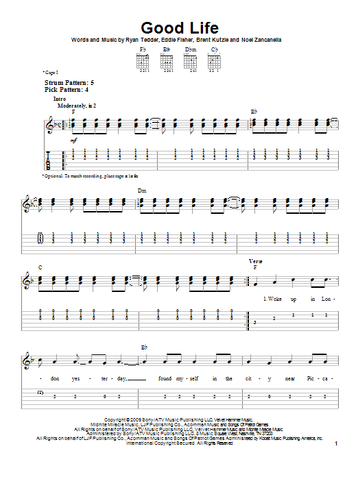 OneRepublic Good Life sheet music notes and chords. Download Printable PDF.