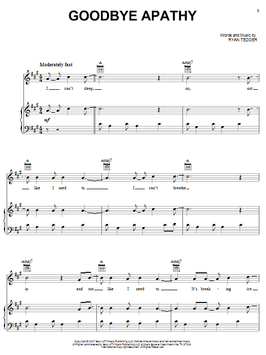 Learn to play OneRepublic Goodbye Apathy sheet music for Piano, Vocal & Guitar Chords (Right-Hand Melody) in minutes. Price: 7.8900$ OneRepublic Goodbye Apathy sheet music notes and chords arranged for Piano, Vocal & Guitar Chords (Right-Hand Melody)