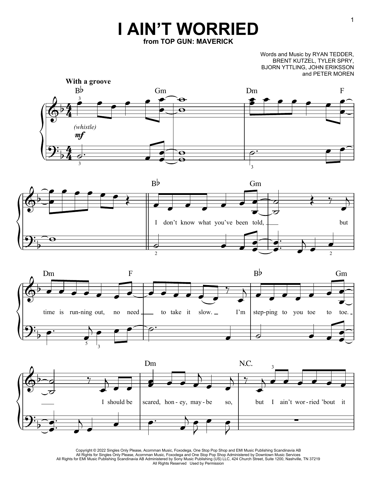 OneRepublic I Ain't Worried (from Top Gun: Maverick) sheet music notes and chords. Download Printable PDF.