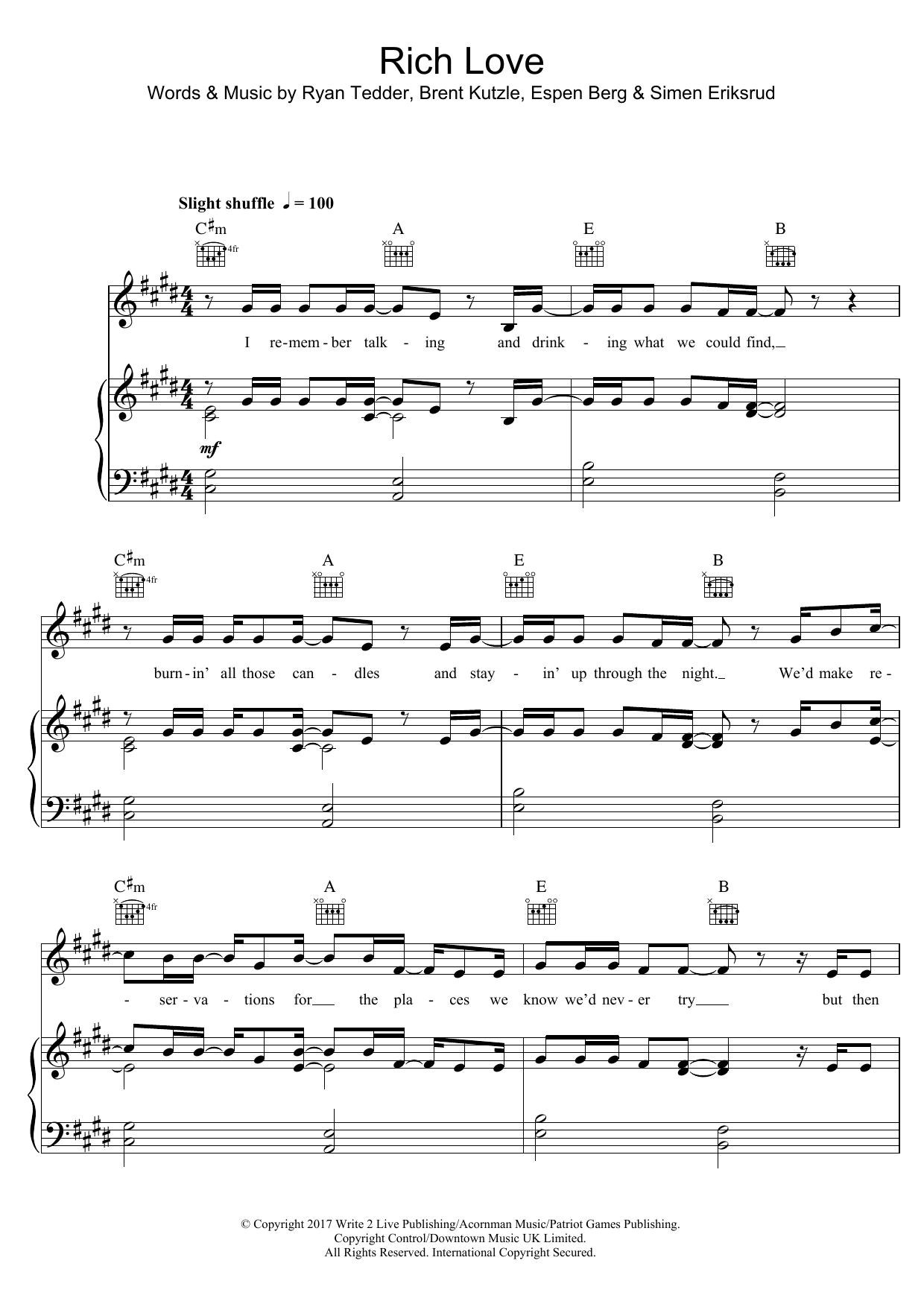 Learn to play OneRepublic Rich Love (feat. Seeb) sheet music for Piano, Vocal & Guitar Chords in minutes. Price: 7.8900$ OneRepublic Rich Love (feat. Seeb) sheet music notes and chords arranged for Piano, Vocal & Guitar Chords