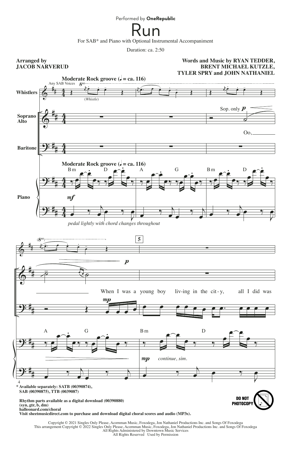 OneRepublic Run (arr. Jacob Narverud) sheet music notes and chords. Download Printable PDF.