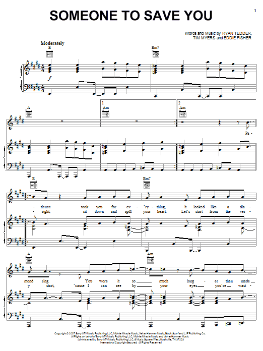 Learn to play OneRepublic Someone To Save You sheet music for Piano, Vocal & Guitar Chords (Right-Hand Melody) in minutes. Price: 7.8900$ OneRepublic Someone To Save You sheet music notes and chords arranged for Piano, Vocal & Guitar Chords (Right-Hand Melody)