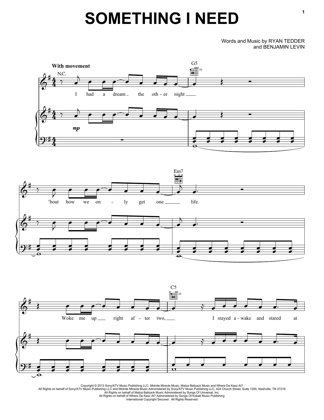 OneRepublic Something I Need sheet music notes and chords. Download Printable PDF.