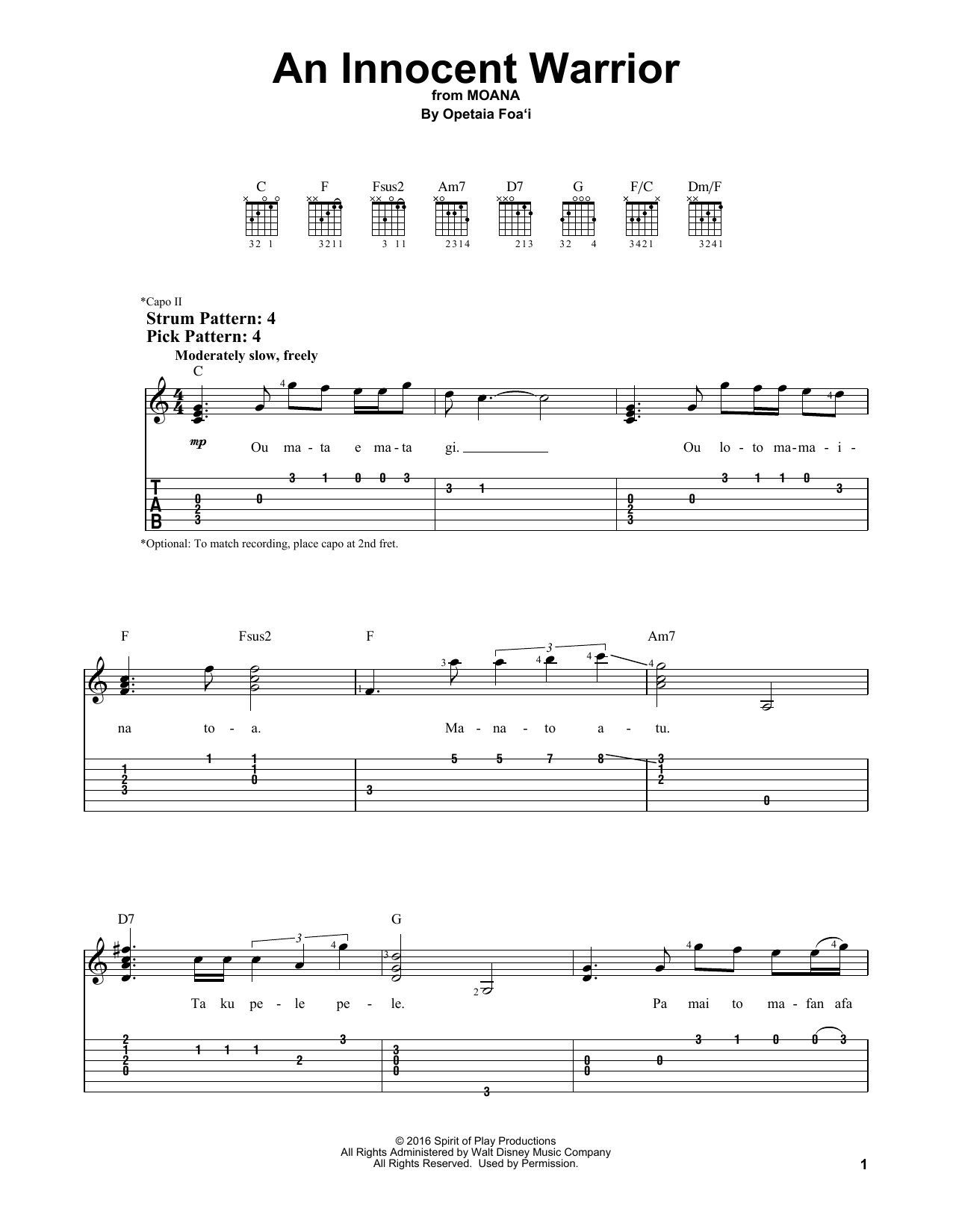 Opetaia Foa'i An Innocent Warrior (from Moana) sheet music notes and chords. Download Printable PDF.