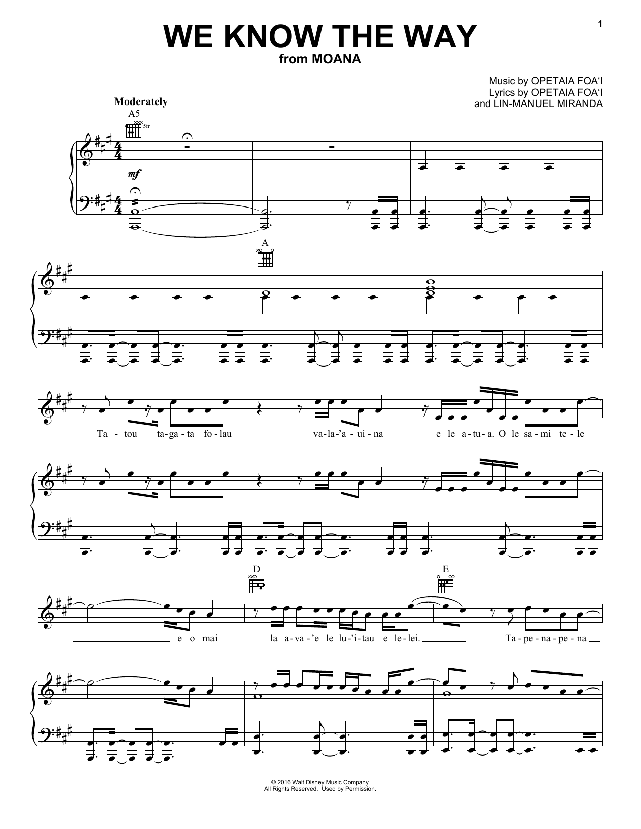 Lin-Manuel Miranda We Know The Way (from Moana) sheet music notes and chords. Download Printable PDF.