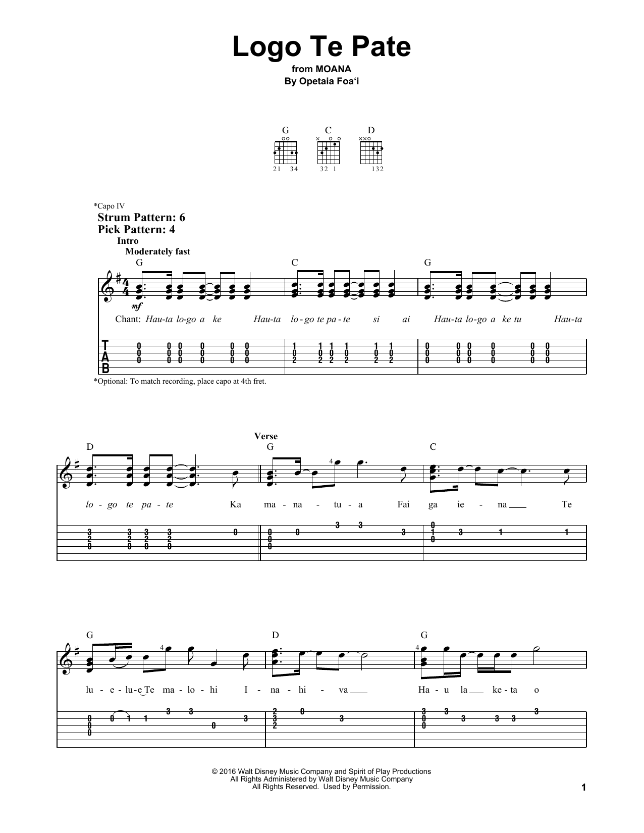 Opetaia Foa'i Logo Te Pate (from Moana) sheet music notes and chords. Download Printable PDF.