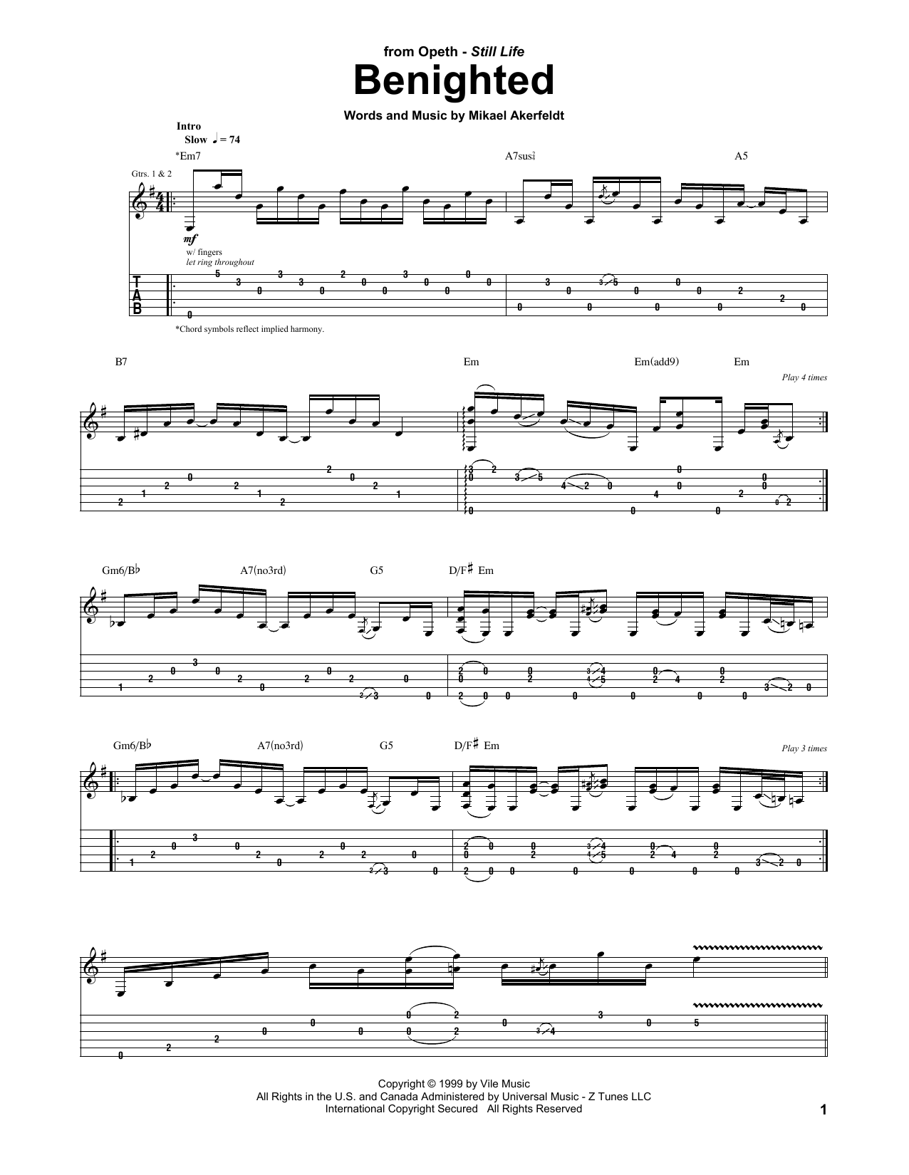 Opeth Benighted sheet music notes and chords. Download Printable PDF.