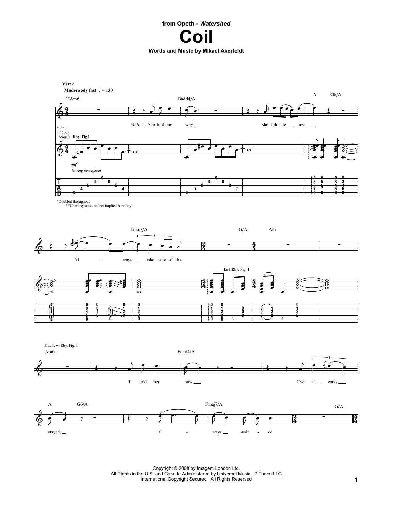 Learn to play Opeth Coil sheet music for Guitar Tab in minutes. Price: 7.8900$ Opeth Coil sheet music notes and chords arranged for Guitar Tab