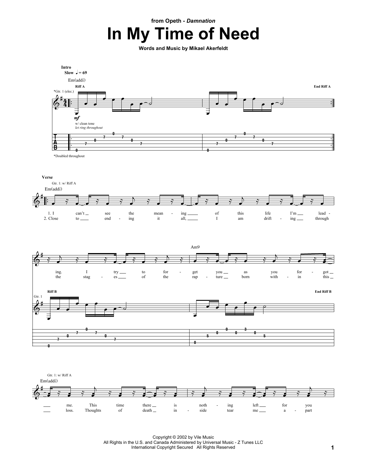 Learn to play Opeth In My Time Of Need sheet music for Guitar Tab in minutes. Price: 7.8900$ Opeth In My Time Of Need sheet music notes and chords arranged for Guitar Tab