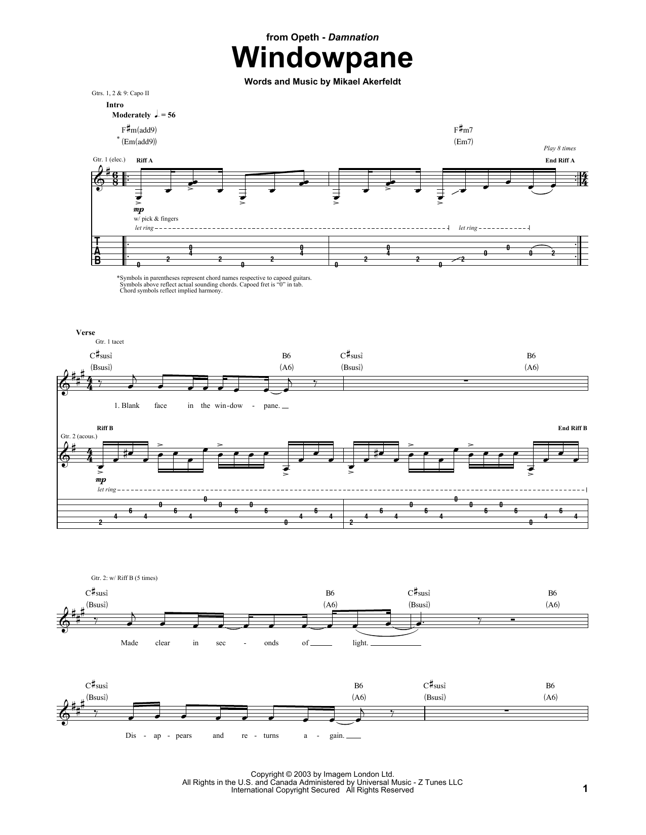 Opeth Windowpane sheet music notes and chords. Download Printable PDF.