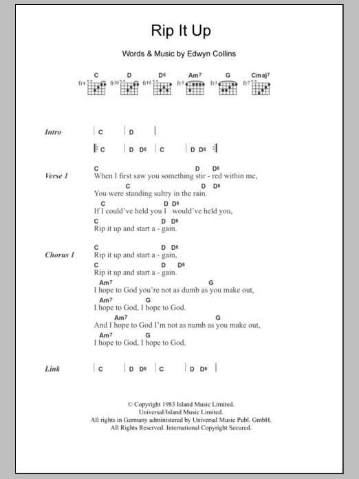 Learn to play Orange Juice Rip It Up sheet music for Guitar Chords/Lyrics in minutes. Price: 4.4900$ Orange Juice Rip It Up sheet music notes and chords arranged for Guitar Chords/Lyrics