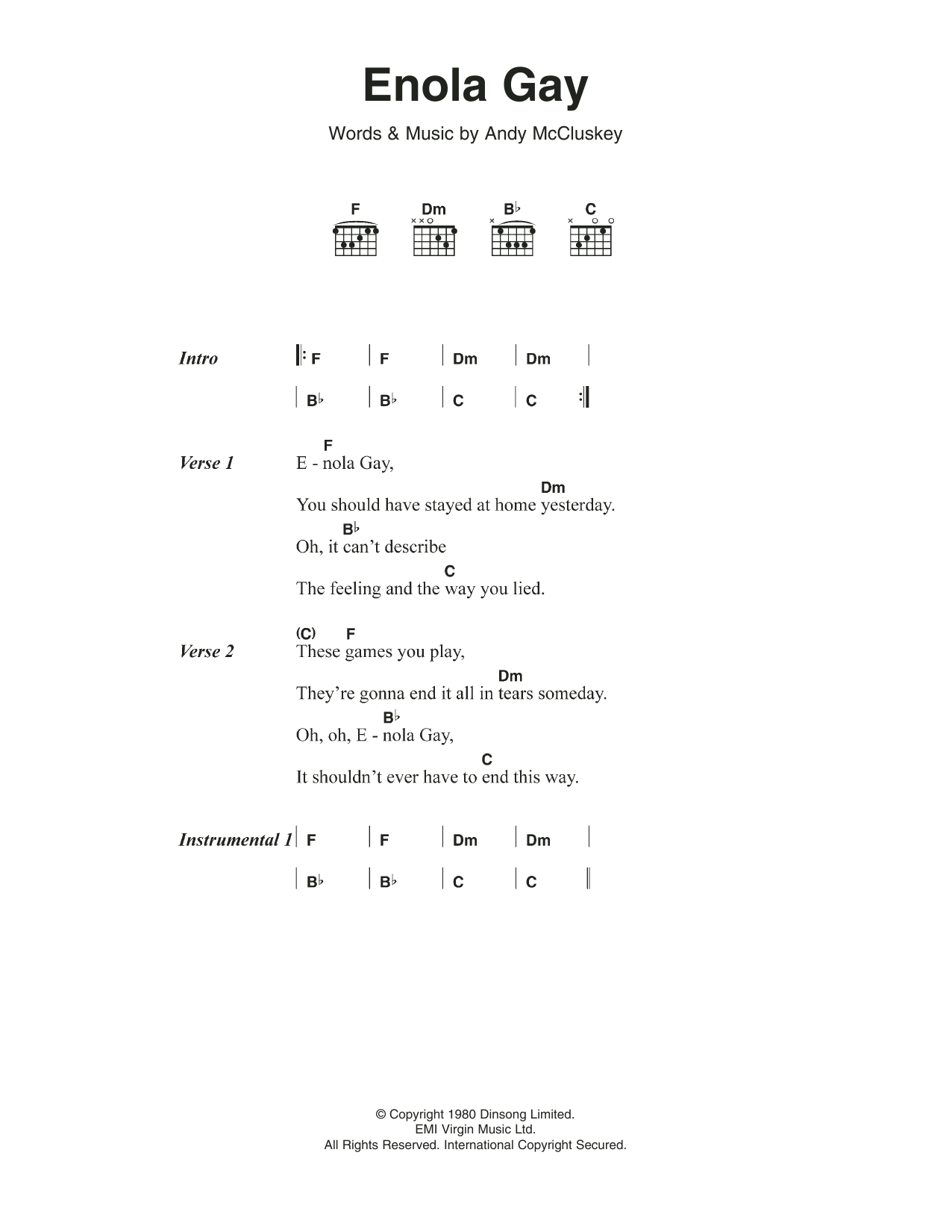 Orchestral Manouvers in the Dark Enola Gay sheet music notes and chords arranged for Guitar Chords/Lyrics