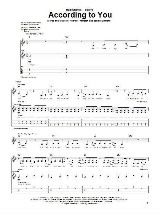 Orianthi According To You sheet music notes and chords. Download Printable PDF.