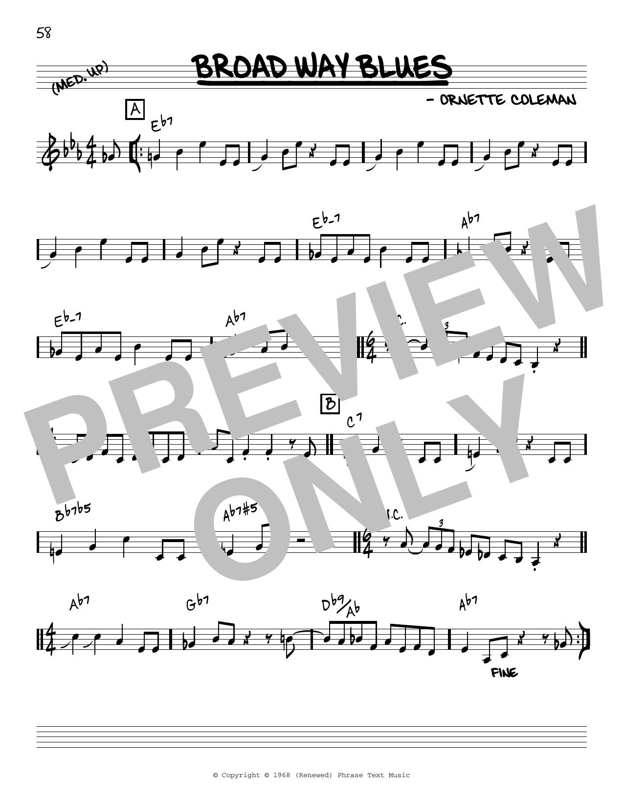 Ornette Coleman Broad Way Blues [Reharmonized version] (arr. Jack Grassel) sheet music notes and chords arranged for Real Book – Melody & Chords