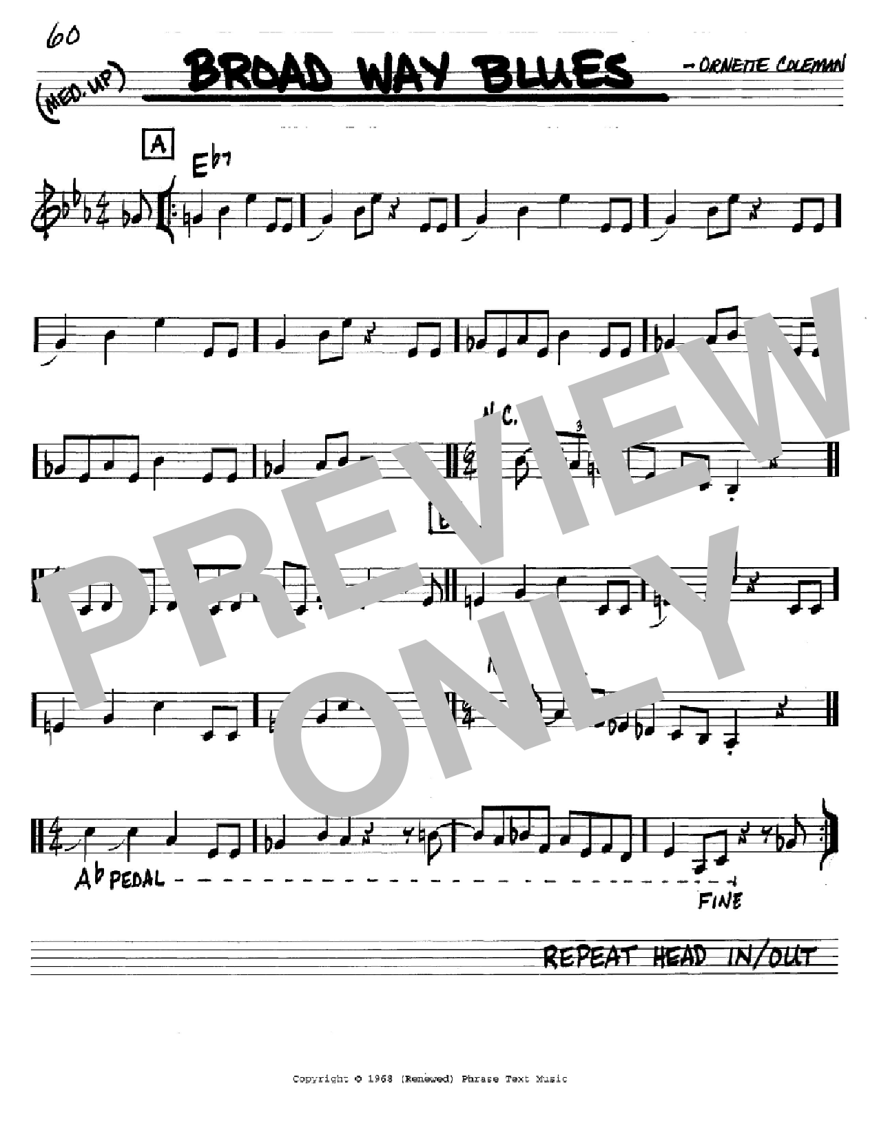 Learn to play Ornette Coleman Broad Way Blues sheet music for Real Book – Melody & Chords – Eb Instruments in minutes. Price: 5.9900$ Ornette Coleman Broad Way Blues sheet music notes and chords arranged for Real Book – Melody & Chords – Eb Instruments