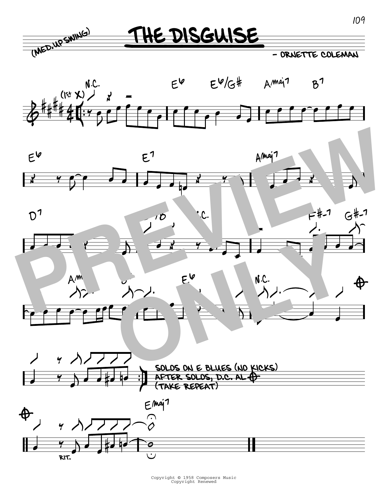Learn to play Ornette Coleman The Disguise sheet music for Real Book – Melody & Chords in minutes. Price: 5.9900$ Ornette Coleman The Disguise sheet music notes and chords arranged for Real Book – Melody & Chords