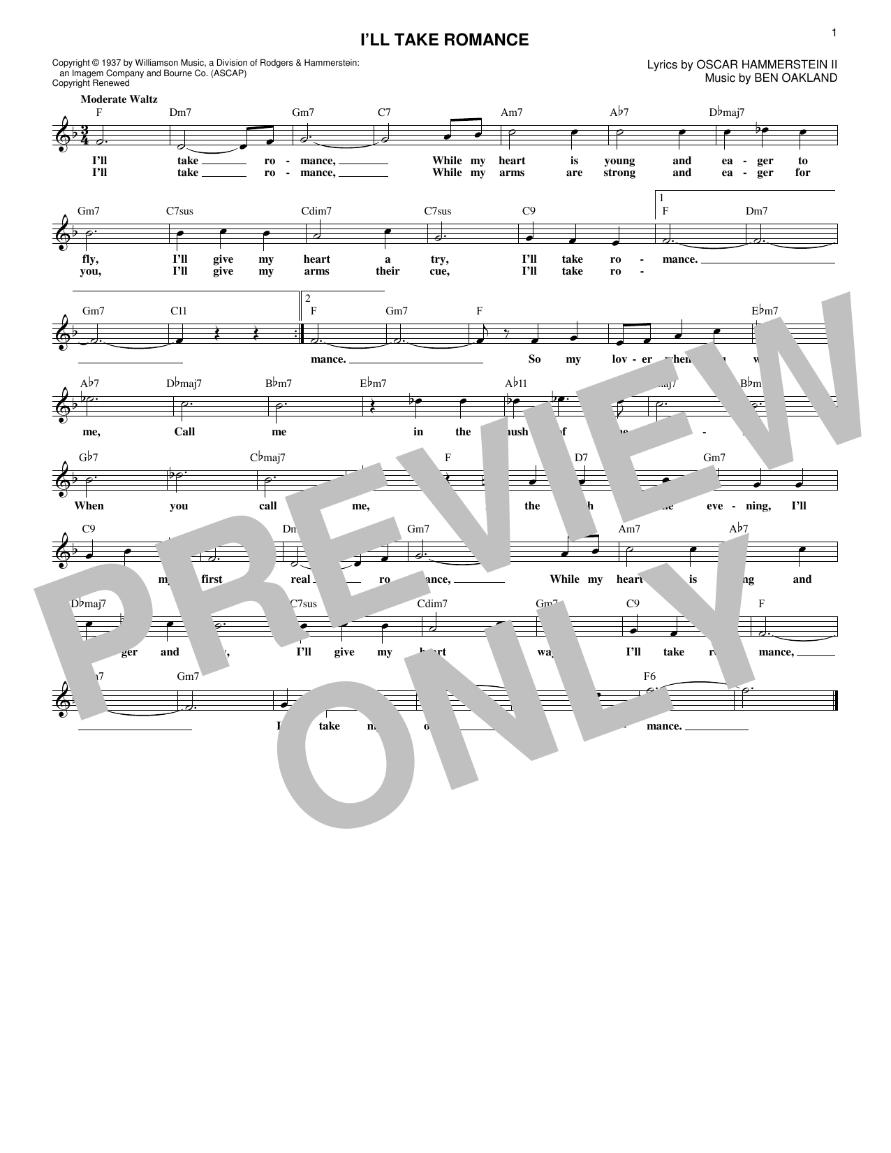 Oscar Hammerstein II I'll Take Romance sheet music notes and chords. Download Printable PDF.