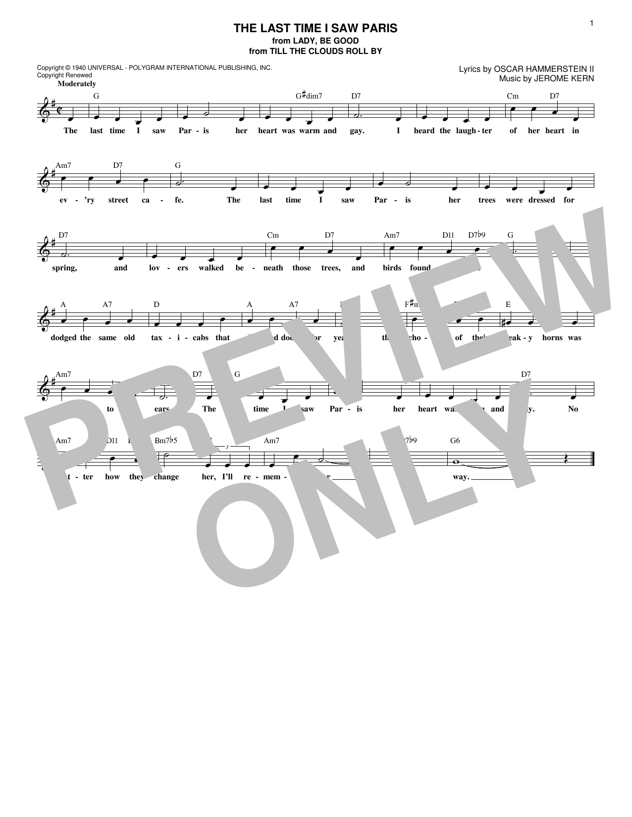 Learn to play Oscar Hammerstein II & Jerome Kern The Last Time I Saw Paris sheet music for Lead Sheet / Fake Book in minutes. Price: 5.9900$ Oscar Hammerstein II & Jerome Kern The Last Time I Saw Paris sheet music notes and chords arranged for Lead Sheet / Fake Book