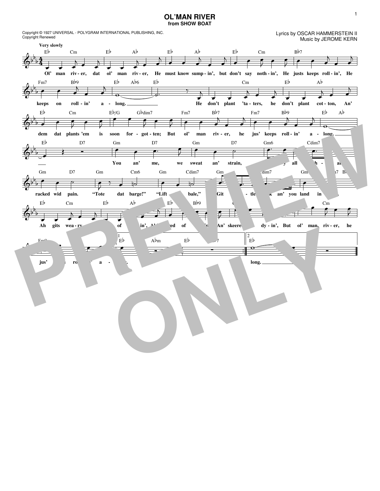 Oscar Hammerstein II Ol' Man River sheet music notes and chords. Download Printable PDF.