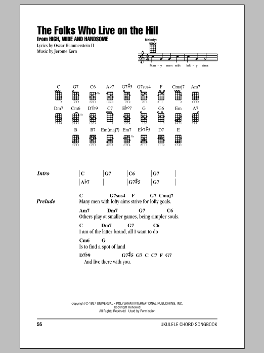 Learn to play Jerome Kern The Folks Who Live On The Hill sheet music for Ukulele Chords/Lyrics in minutes. Price: 4.4900$ Jerome Kern The Folks Who Live On The Hill sheet music notes and chords arranged for Ukulele Chords/Lyrics