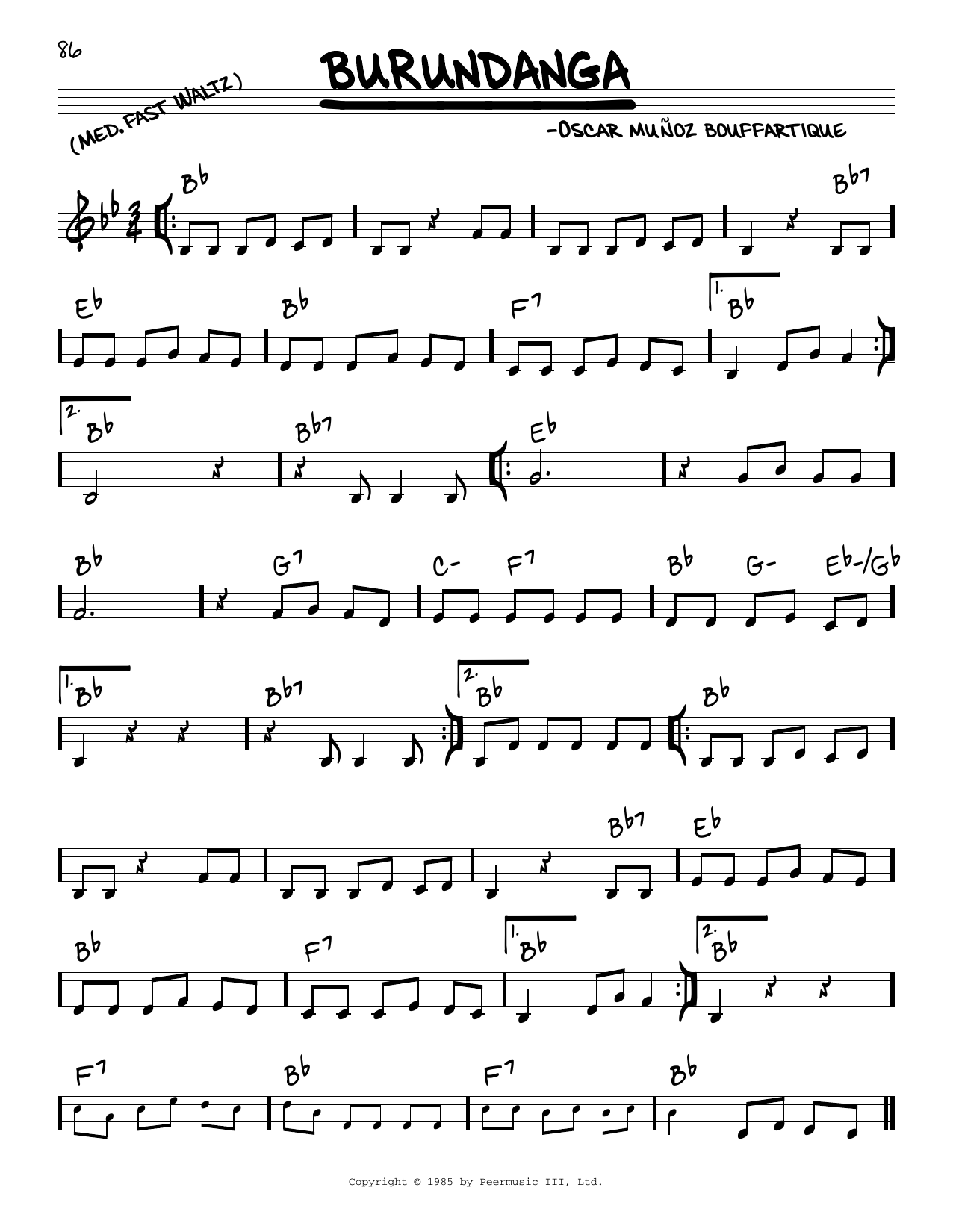 Learn to play Oscar Munoz Bouffartique Burundanga sheet music for Real Book – Melody & Chords in minutes. Price: 5.9900$ Oscar Munoz Bouffartique Burundanga sheet music notes and chords arranged for Real Book – Melody & Chords