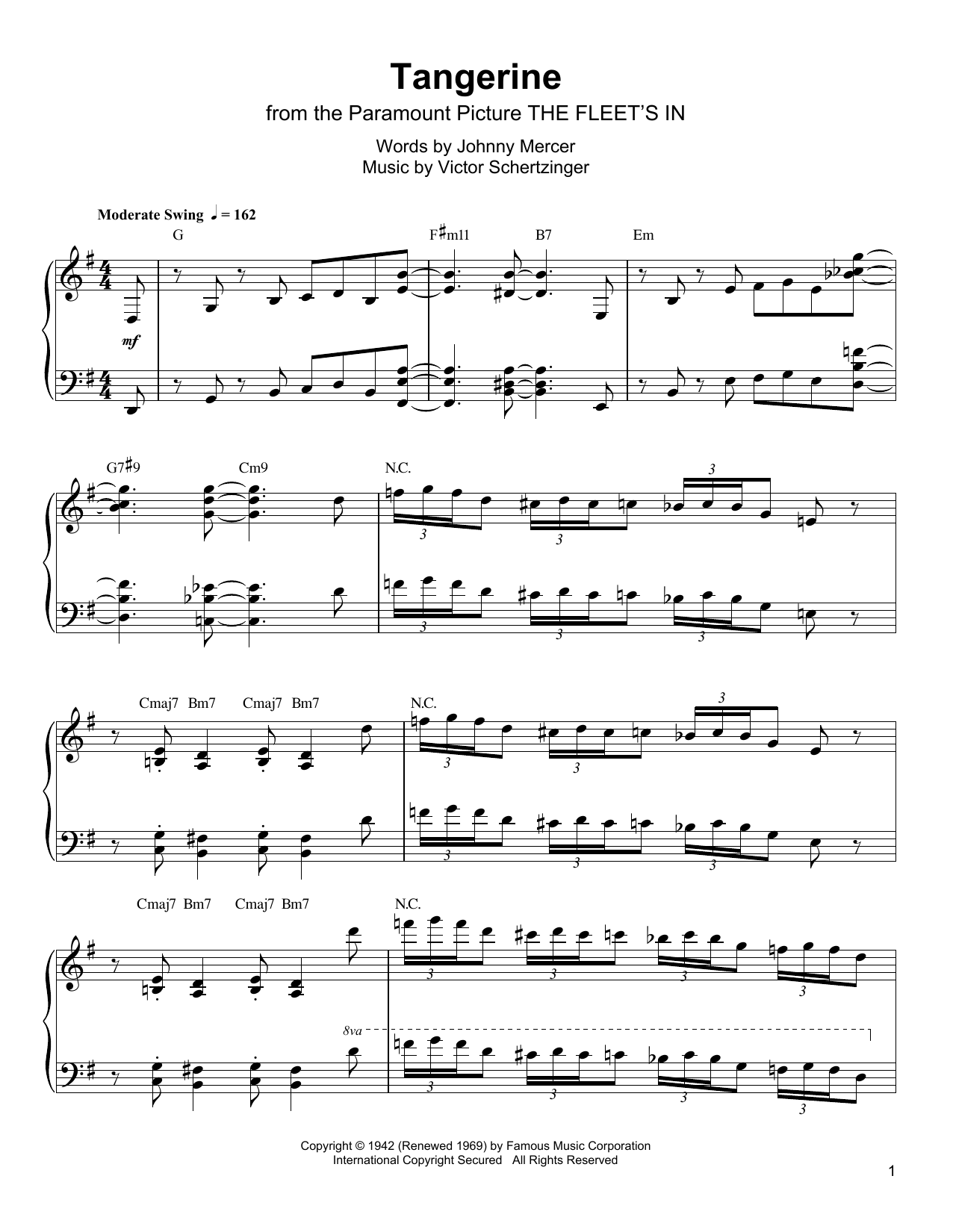 Oscar Peterson Tangerine sheet music notes and chords arranged for Piano Transcription