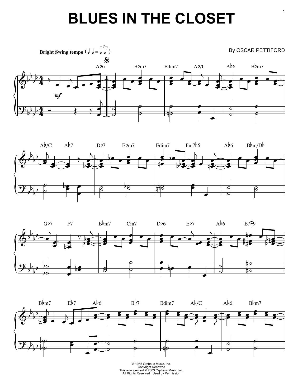 Oscar Pettiford Blues In The Closet sheet music notes and chords arranged for Piano Solo