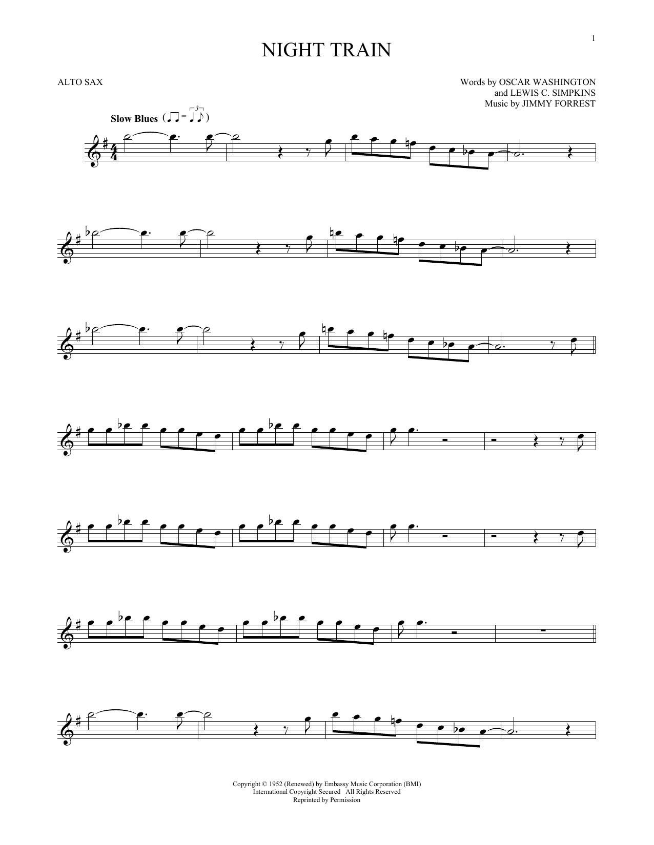 Buddy Morrow Night Train sheet music notes and chords arranged for Alto Sax Solo