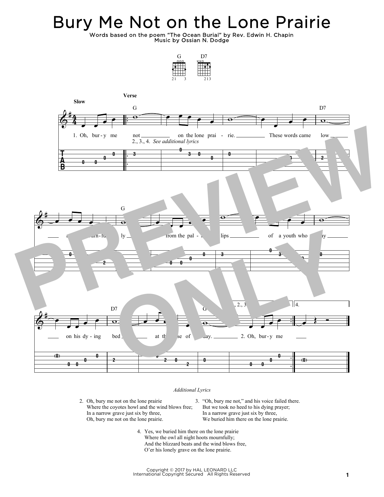 Ossian N. Dodge Bury Me Not On The Lone Prairie sheet music notes and chords. Download Printable PDF.