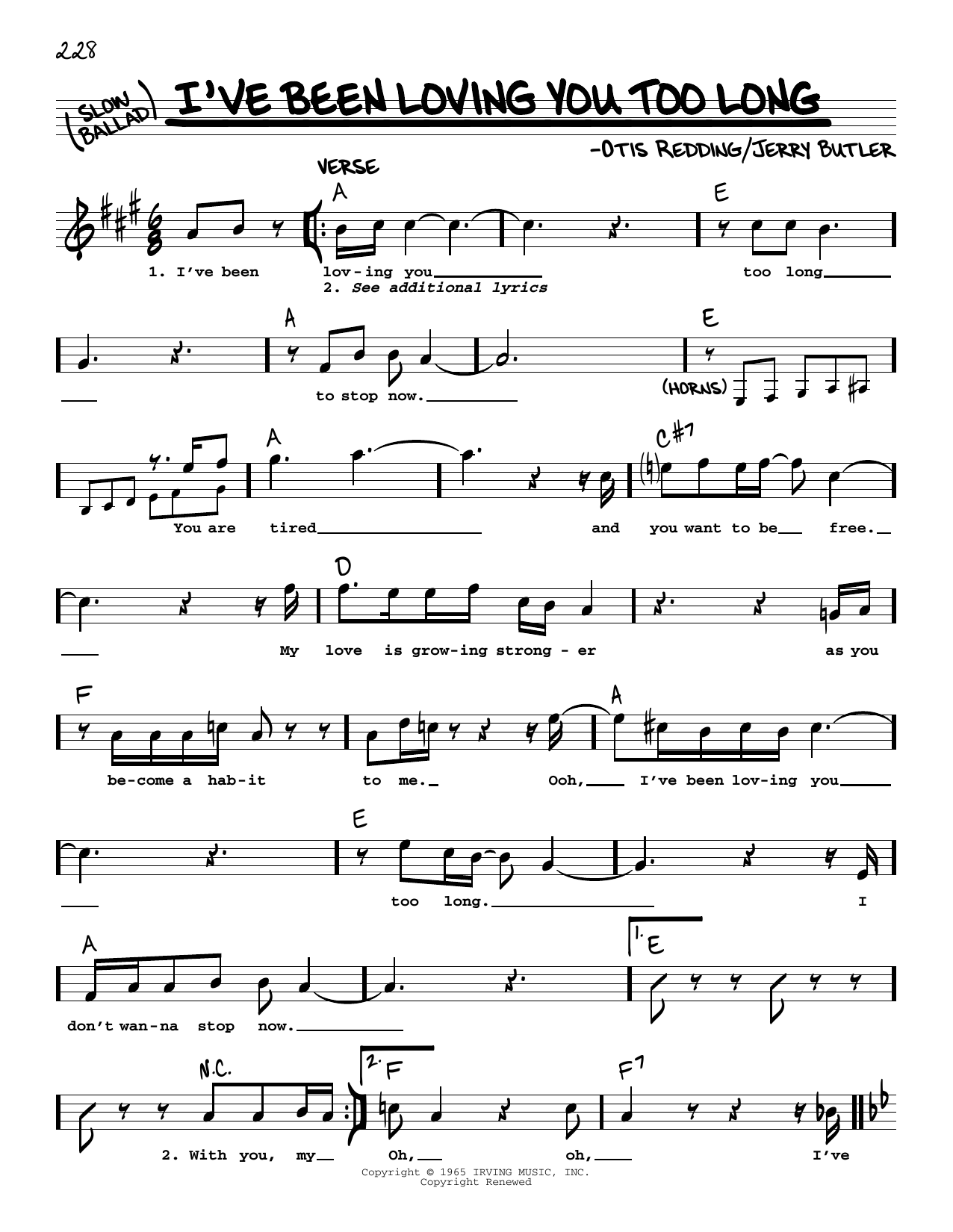 Otis Redding I've Been Loving You Too Long sheet music notes and chords. Download Printable PDF.