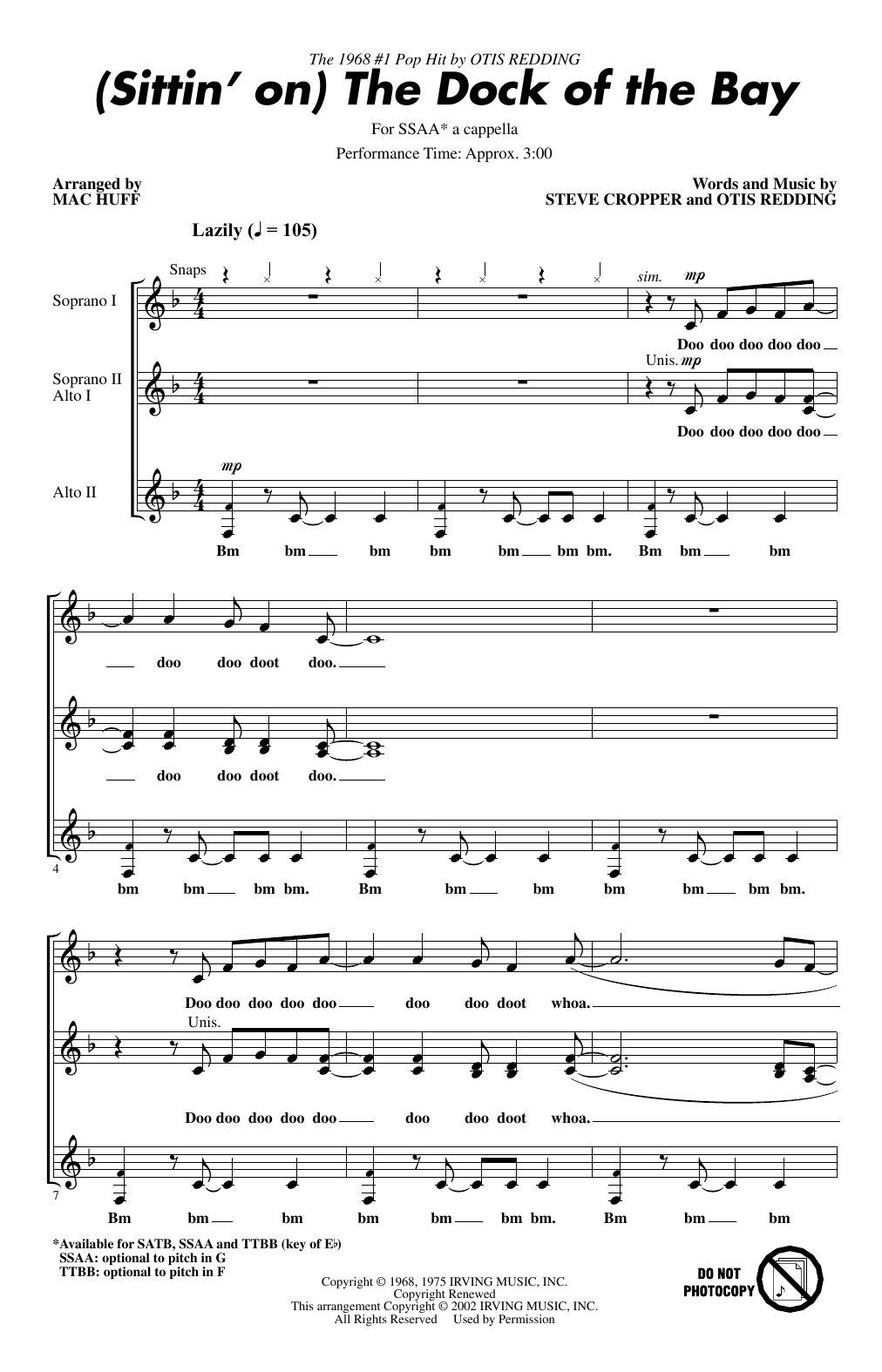 Otis Redding (Sittin' On) The Dock Of The Bay (arr. Mac Huff) sheet music notes and chords arranged for SSA Choir