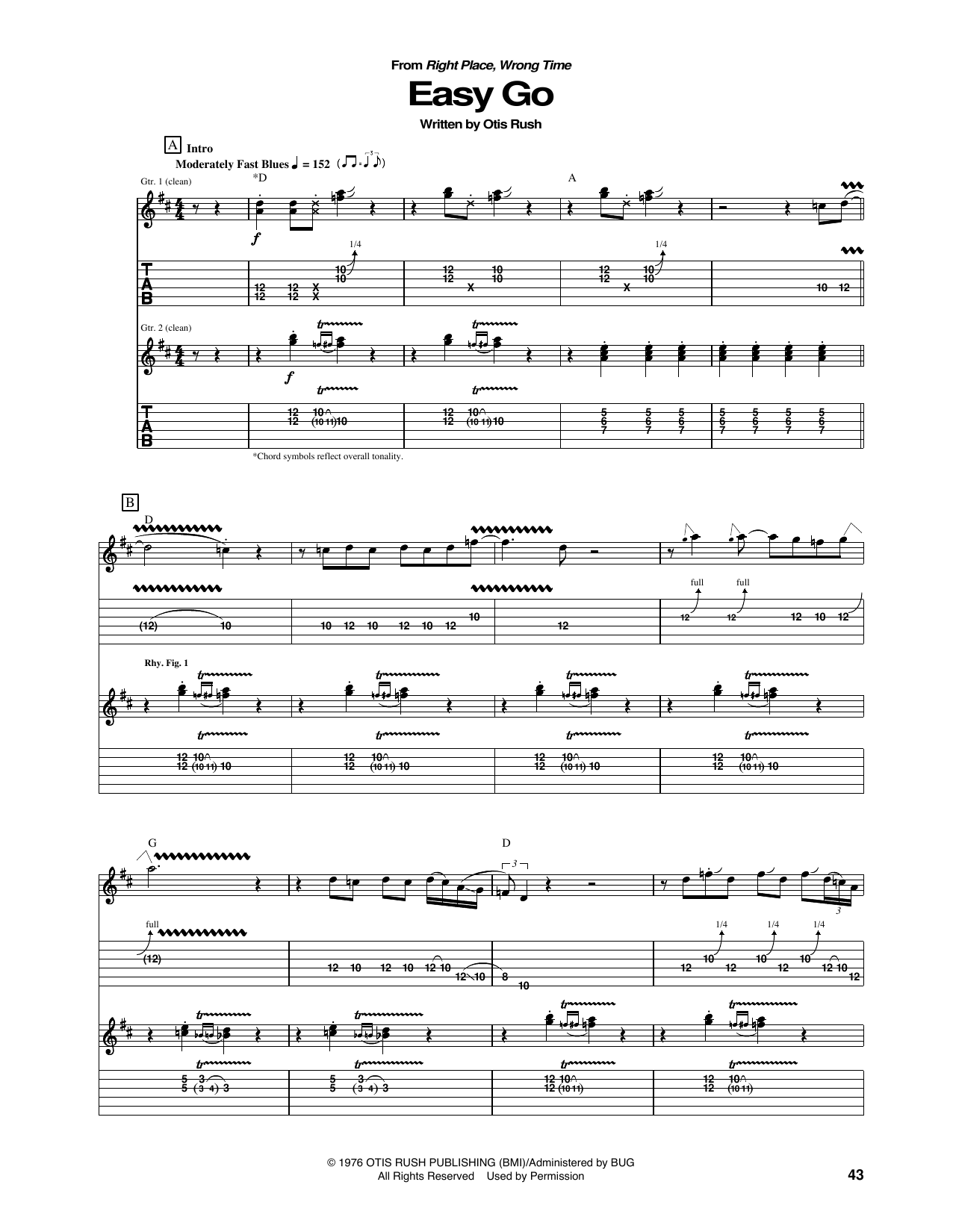 Learn to play Otis Rush Easy Go sheet music for Guitar Tab in minutes. Price: 7.8900$ Otis Rush Easy Go sheet music notes and chords arranged for Guitar Tab