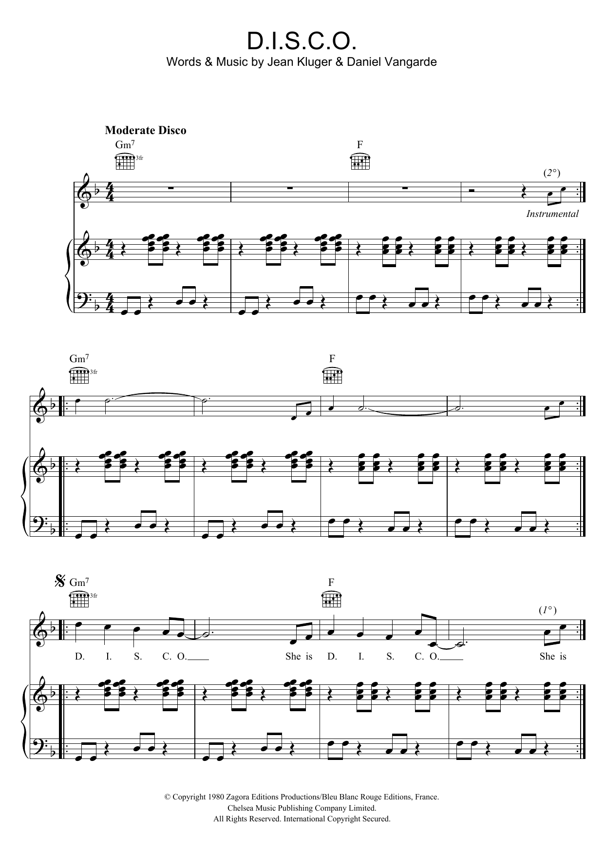 Ottawan D.I.S.C.O. sheet music notes and chords arranged for Piano Chords/Lyrics