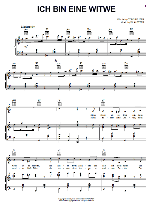 Learn to play Otto Reuter Ich Bin Eine Witwe sheet music for Piano, Vocal & Guitar Chords (Right-Hand Melody) in minutes. Price: 7.8900$ Otto Reuter Ich Bin Eine Witwe sheet music notes and chords arranged for Piano, Vocal & Guitar Chords (Right-Hand Melody)