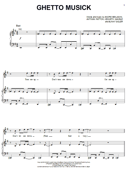 Learn to play OutKast Ghetto Musick sheet music for Piano, Vocal & Guitar Chords (Right-Hand Melody) in minutes. Price: 7.8900$ OutKast Ghetto Musick sheet music notes and chords arranged for Piano, Vocal & Guitar Chords (Right-Hand Melody)