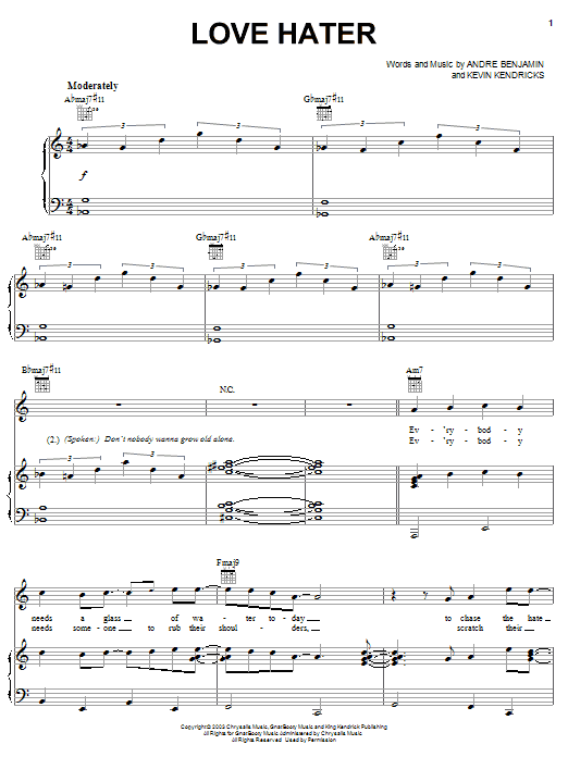 Learn to play OutKast Love Hater sheet music for Piano, Vocal & Guitar Chords (Right-Hand Melody) in minutes. Price: 7.8900$ OutKast Love Hater sheet music notes and chords arranged for Piano, Vocal & Guitar Chords (Right-Hand Melody)