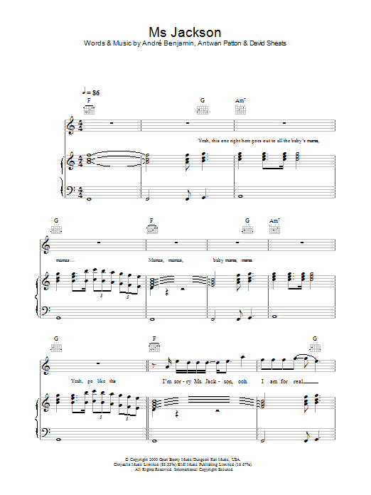 OutKast Ms. Jackson sheet music notes and chords. Download Printable PDF.