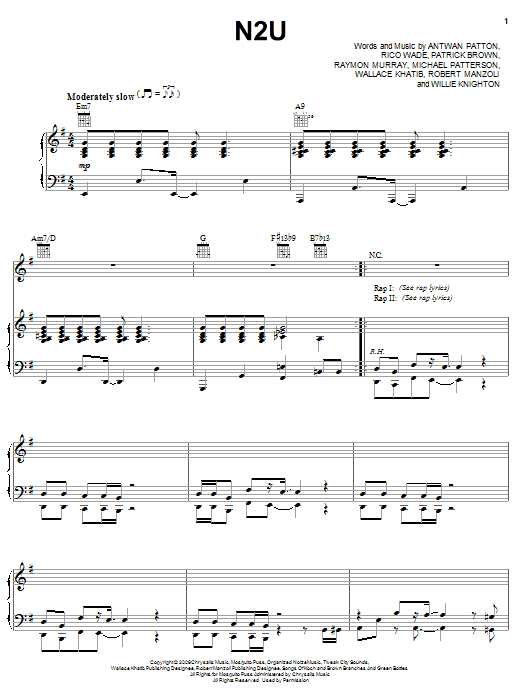 Learn to play OutKast N2U sheet music for Piano, Vocal & Guitar Chords (Right-Hand Melody) in minutes. Price: 7.8900$ OutKast N2U sheet music notes and chords arranged for Piano, Vocal & Guitar Chords (Right-Hand Melody)