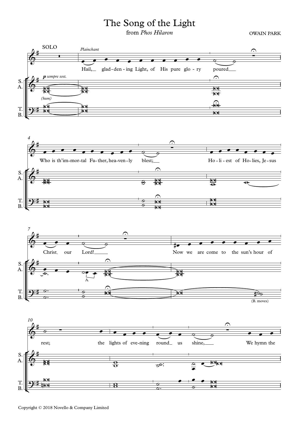 Owain Park The Song Of The Light (from Phos Hilaron) sheet music notes and chords. Download Printable PDF.