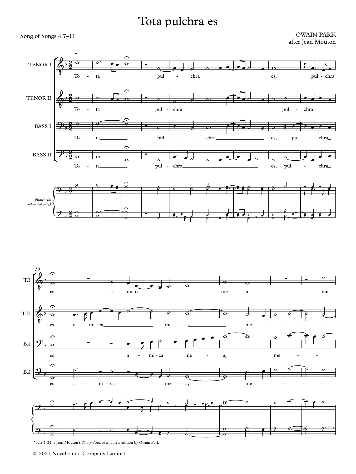 Owain Park Tota pulchra es (after Jean Mouton) sheet music notes and chords. Download Printable PDF.