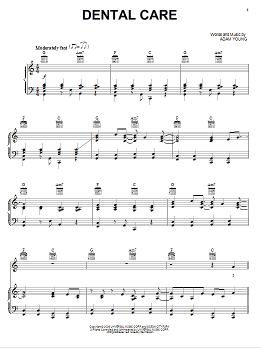 Learn to play Owl City Dental Care sheet music for Piano, Vocal & Guitar Chords (Right-Hand Melody) in minutes. Price: 7.8900$ Owl City Dental Care sheet music notes and chords arranged for Piano, Vocal & Guitar Chords (Right-Hand Melody)