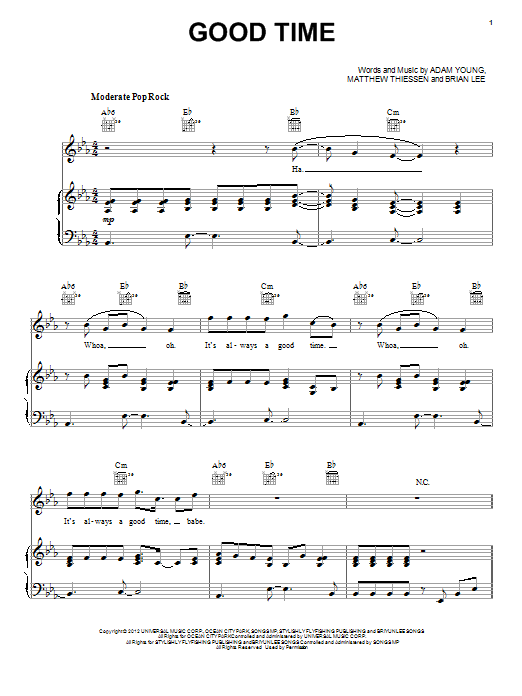 Owl City Good Time sheet music notes and chords. Download Printable PDF.